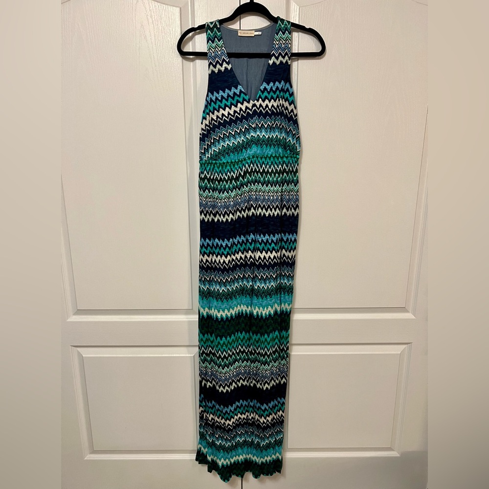 Gorgeous turquoise, blue, green and cream striped maxi dress.